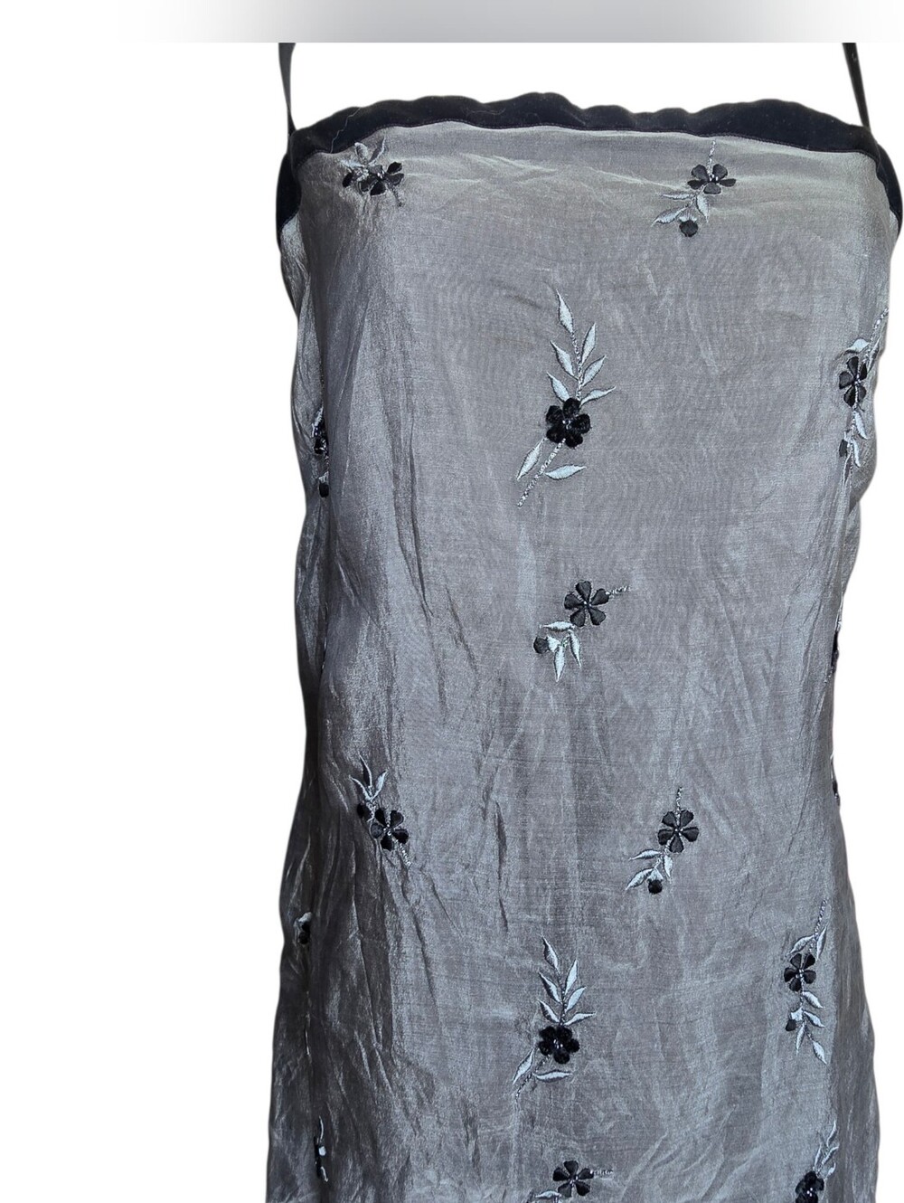 Vintage Ann Taylor Y2K 100% Silk Black Floral Embroidered Velvet Trim Dress 12 - Picture 4 of 9